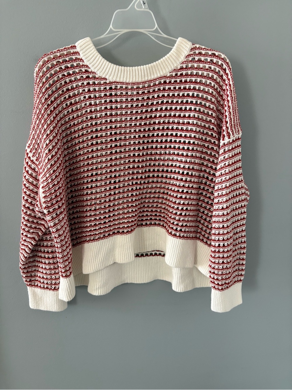 Old Navy Red and White Striped Open Knit Crewneck Sweater